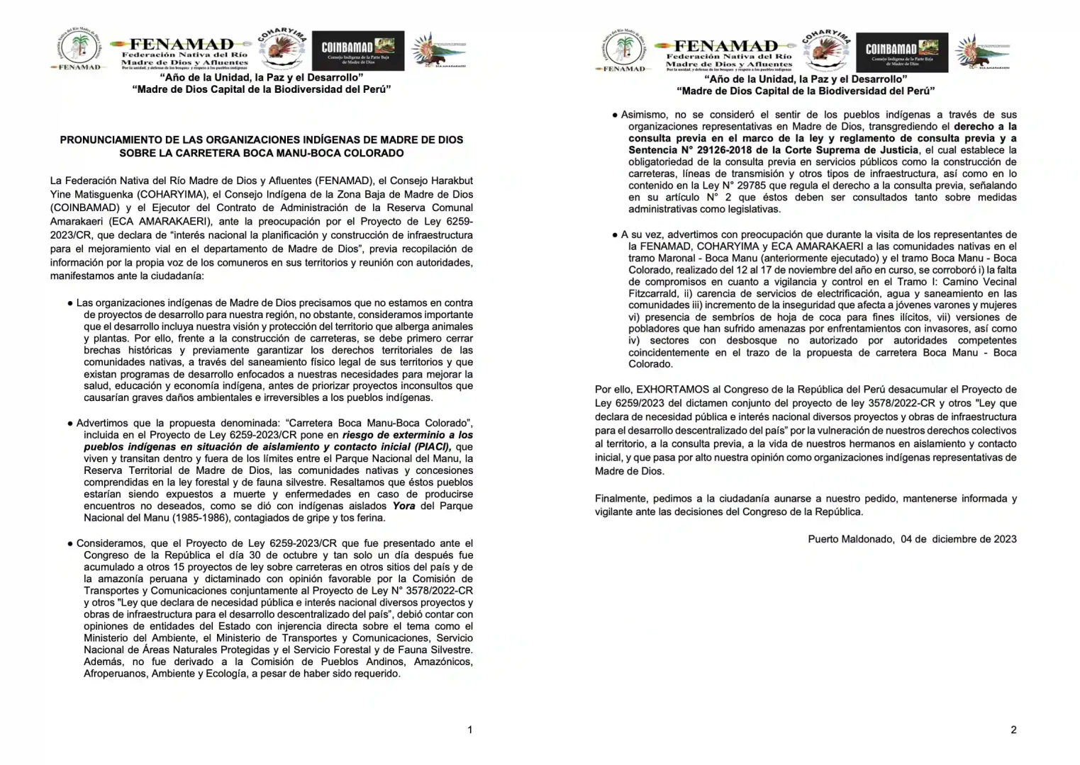 Madre de Dios: Organizaciones indígenas en riesgo por Carretera Boca Manu – Boca Colorado