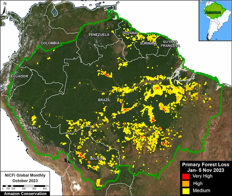 El mapa muestra la pérdida de bosques primarios en el 2023 (foto: MAAP).