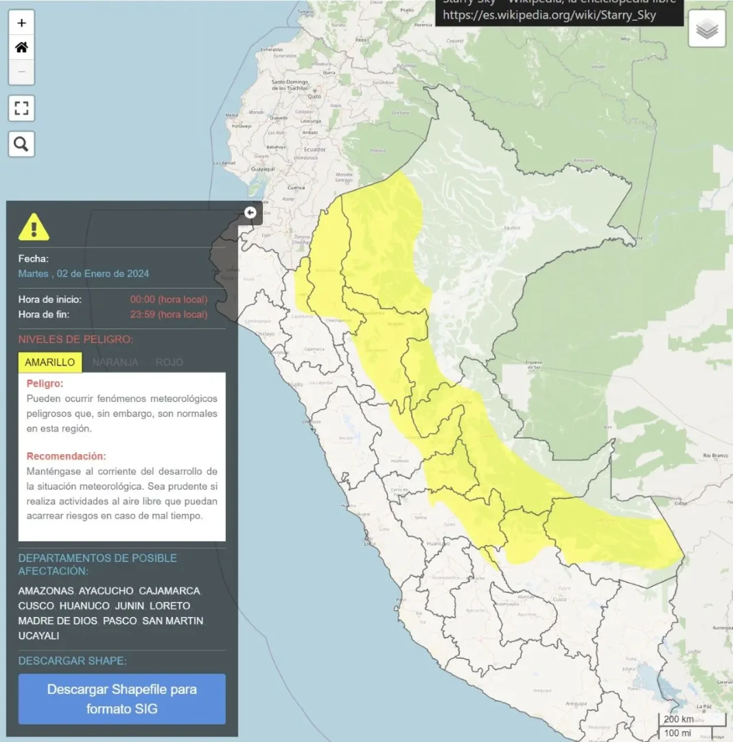 Aviso meteorológico del Senhami hasta el miércoles 3 de enero (imagen: Senamhi).