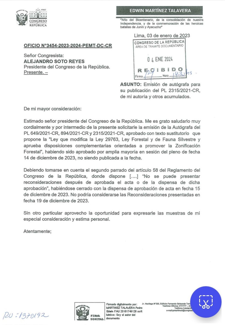 Oficio de congresista Martinez