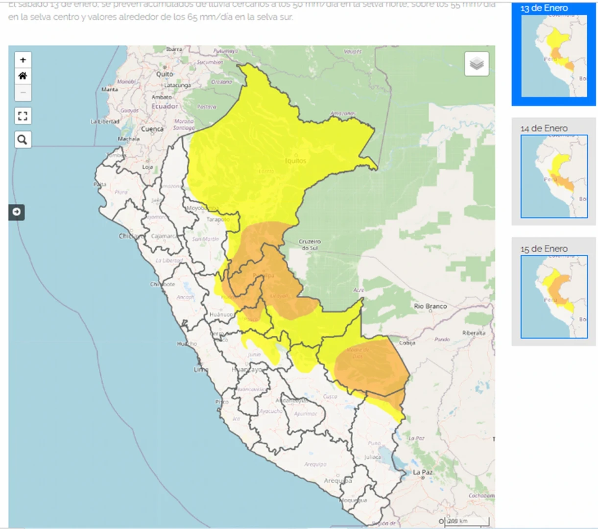 Riesgo en Loreto, Huánuco, Ucayali, Pasco, Cusco, Madre de Dios, Puno y San Martín para el 13 de enero por lluvias. (Foto: captura Senamhi).