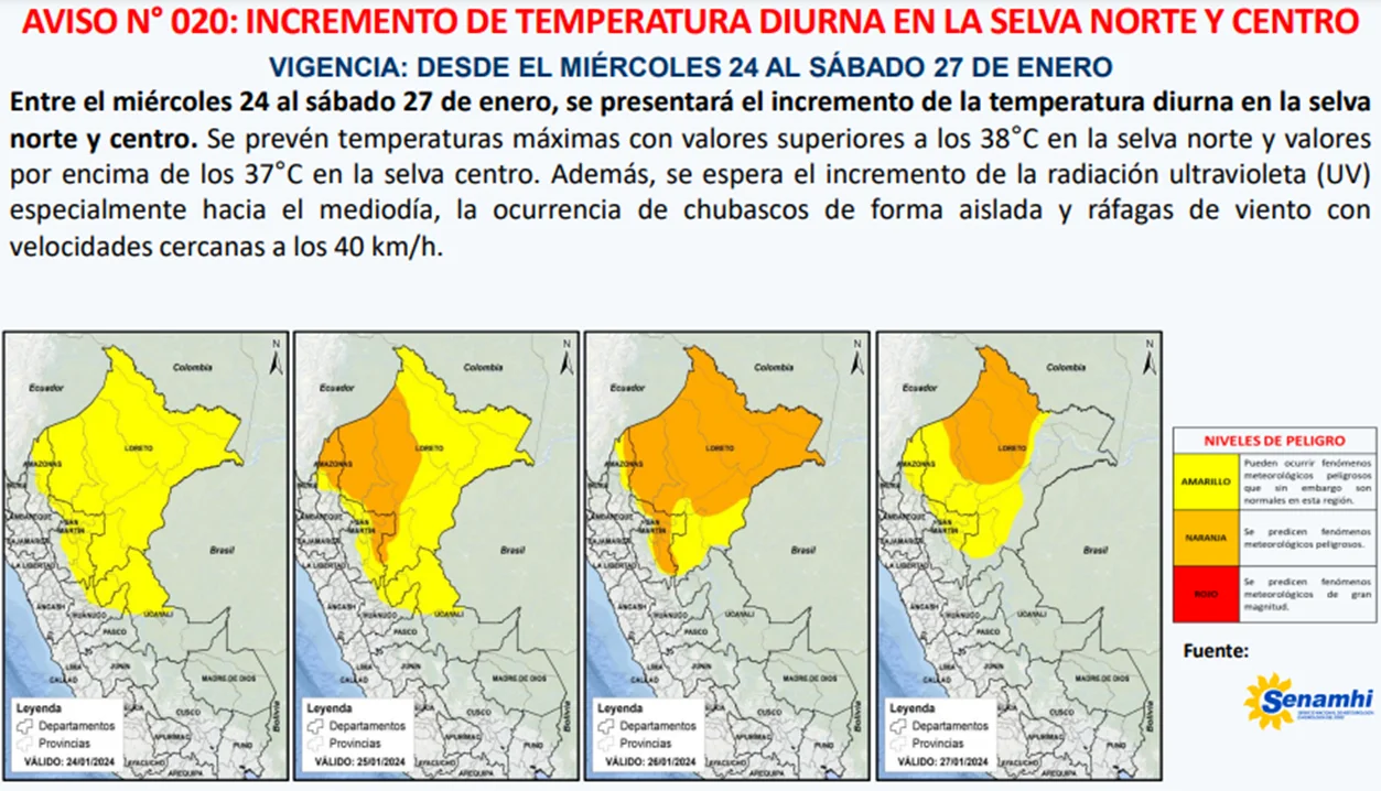 Se van a reportar temperaturas por encima de sus valores normales en la selva norte y centro. Están en alerta los departamentos de Amazonas, Cajamarca, Huánuco, Loreto, Pasco, San Martín y Ucayali. (Foto: captura del Senamhi).