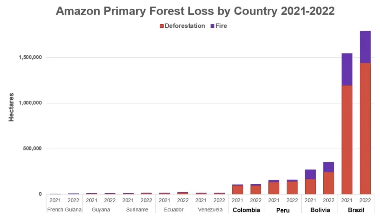 Pérdida de bosque primario de la Amazonía (por país), 2021-2022 (imagen: MAAP #200).