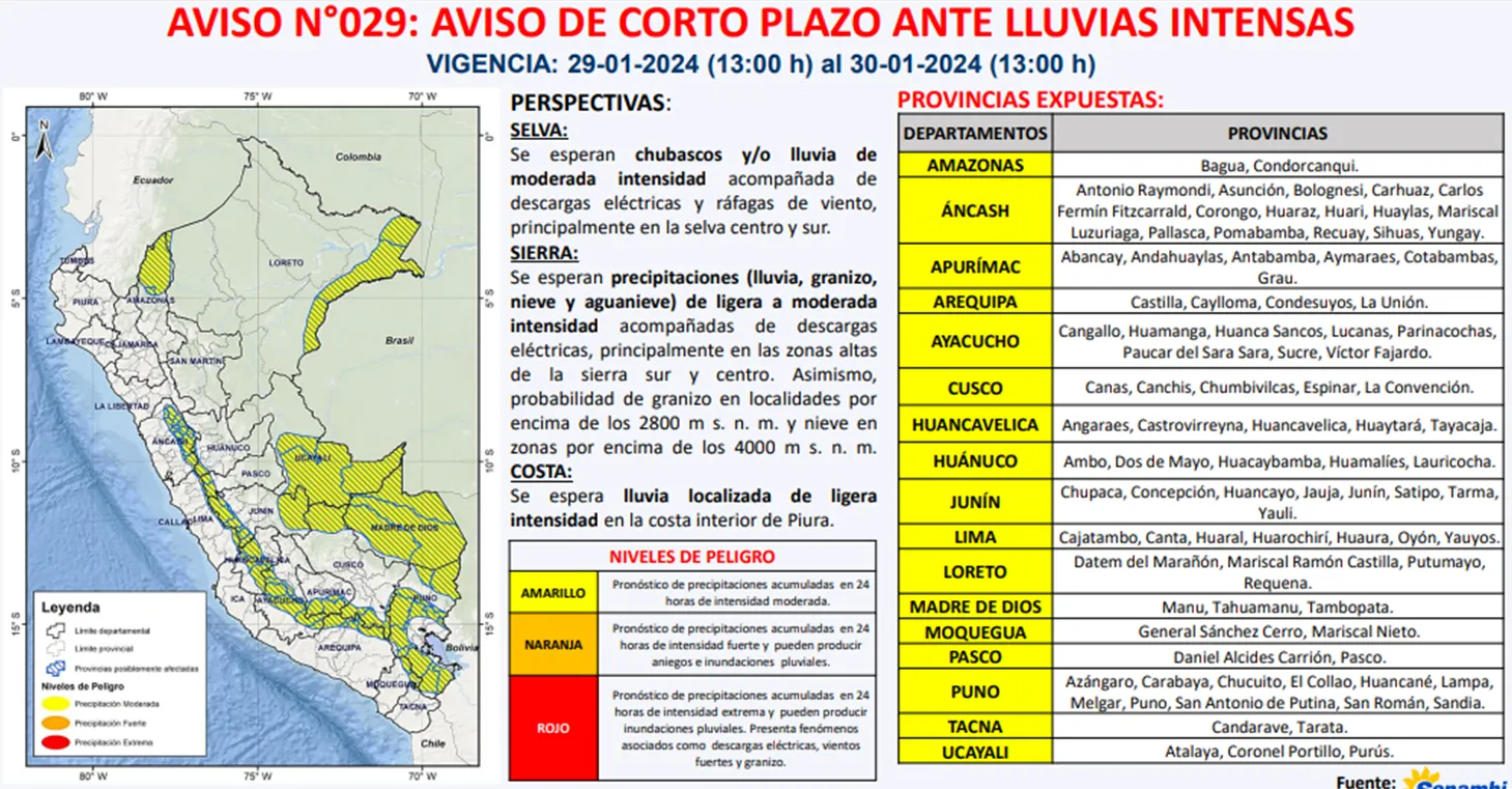 Alerta emitida por el Senamhi.