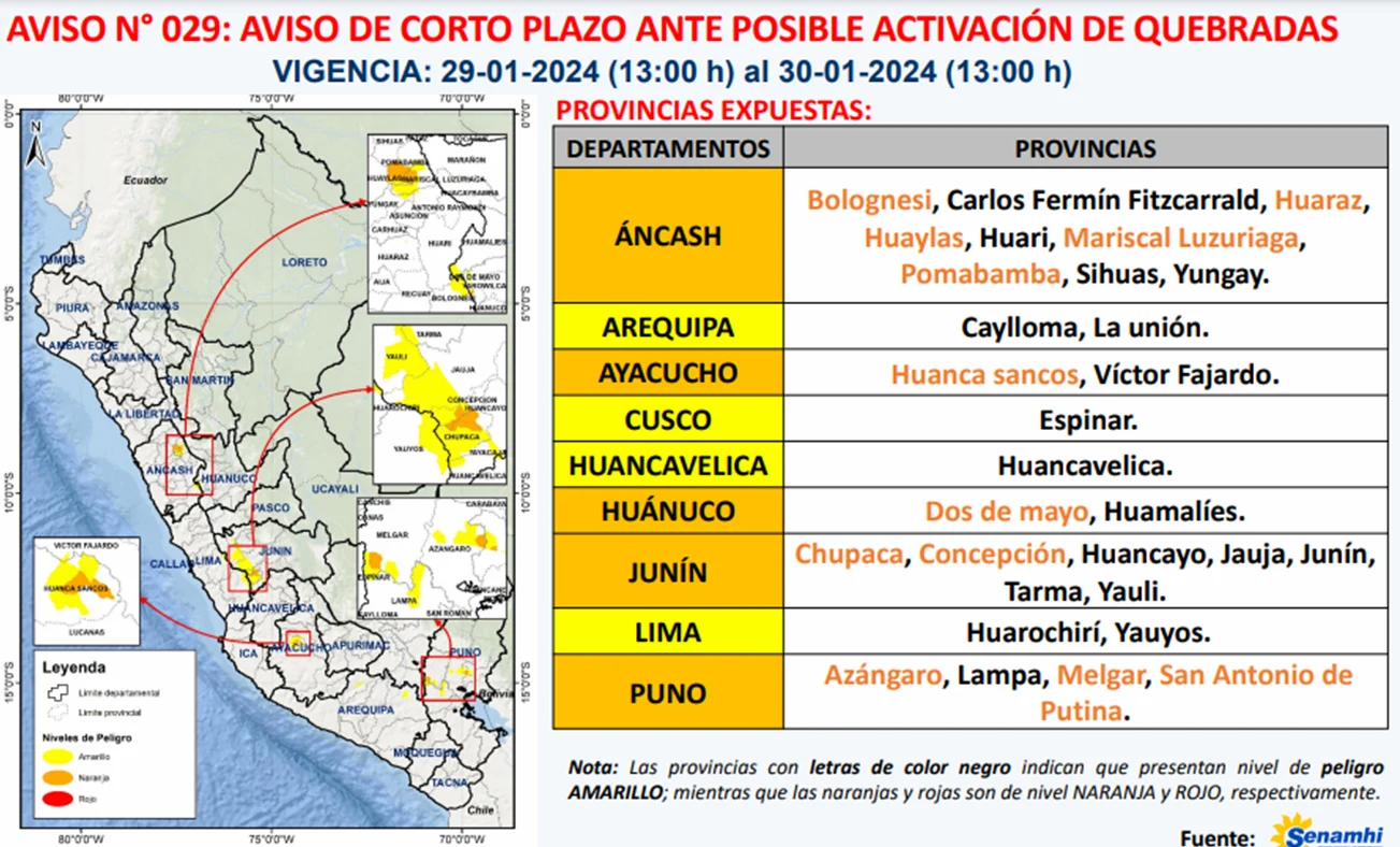 Alerta emitida por el Senamhi. Corren riesgo naranja Áncash, Ayacucho, Huánuco, Junín y Lima por activación de quebradas. 